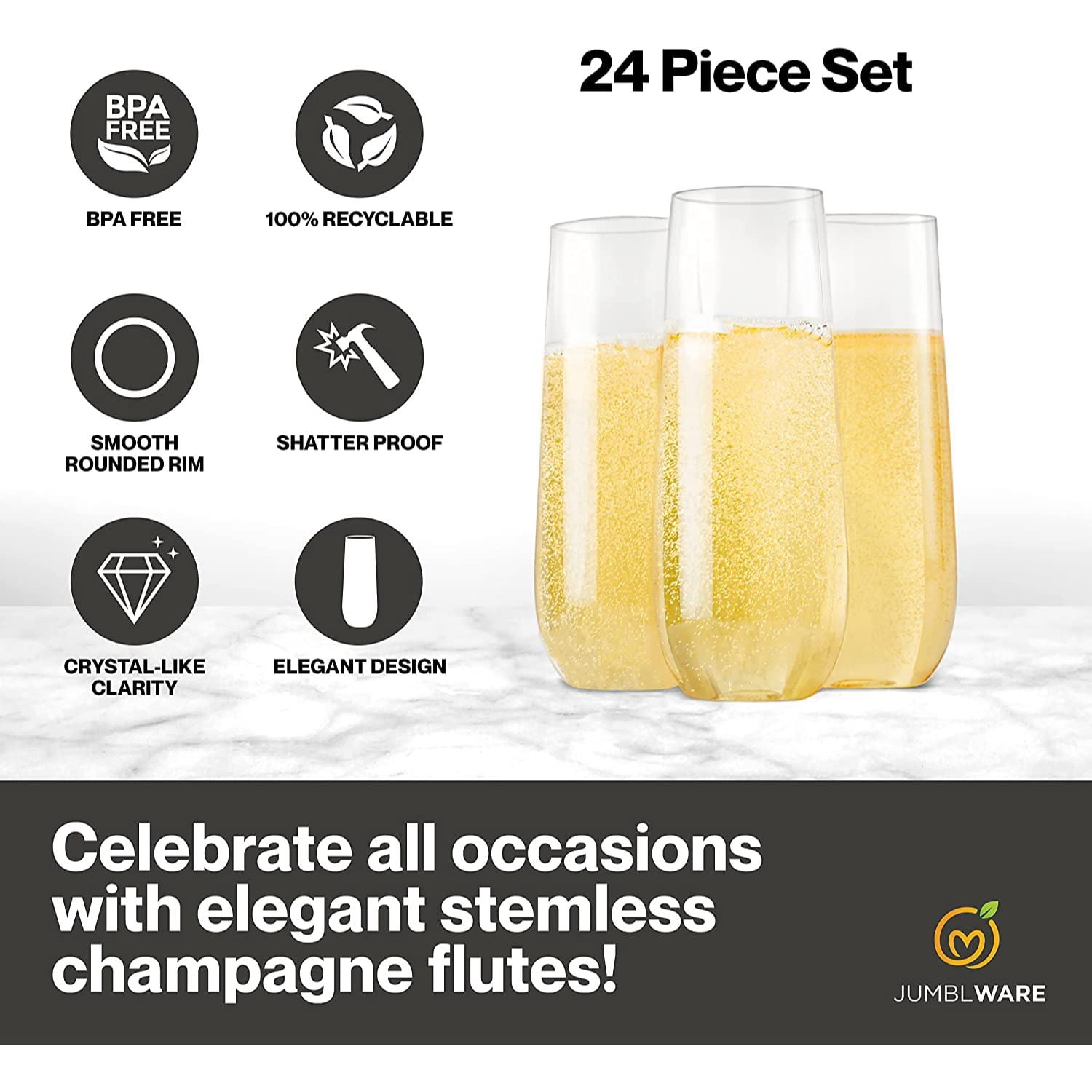 JumblWare 24 Pack Stemless Disposable Plastic Champagne Flutes 9 oz Recyclable Durable
