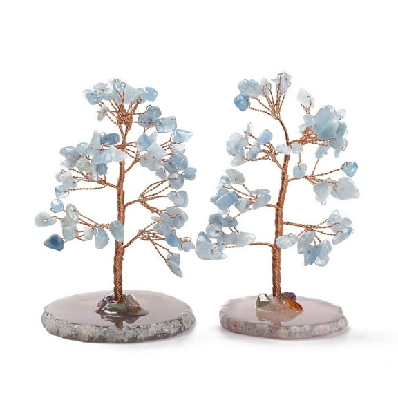 2pc Natural Aquamarine Chips & Agate Pedestal Display Decorations Tree of Life Healing Stone Tree for Reiki Healing Crystals Chakra Balancing Cadmium Free & Lead Free 59~70x47~65x100~114mm