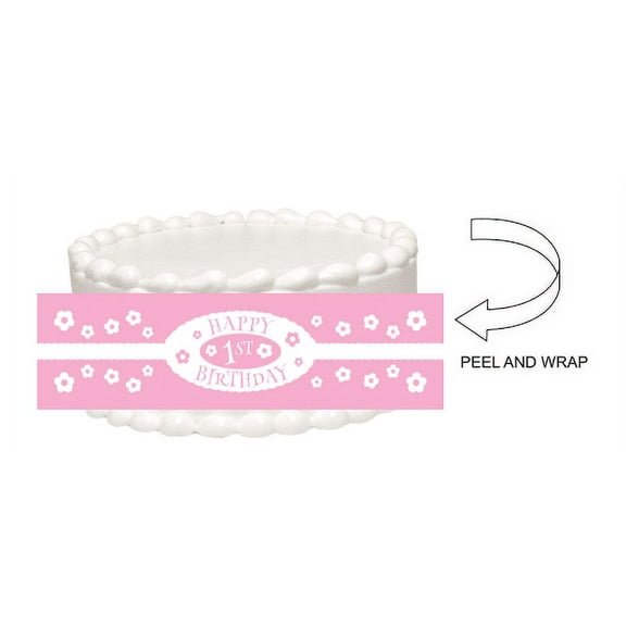 Happy 1st Birthday Girl Peel and Stick Edible Cake Image Wrap Ribbon