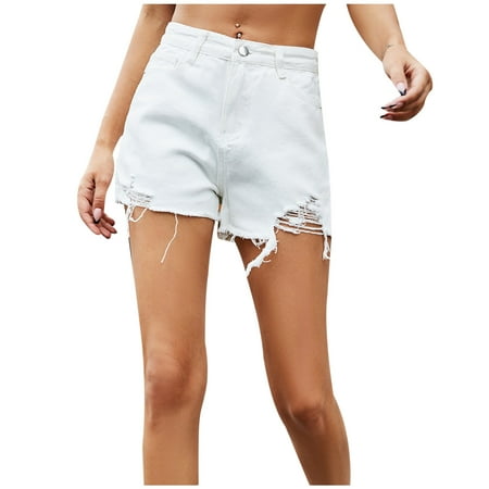 

Wyongtao Women s Jeans Shorts Street Hipster High Waisted Straight Pocket Hole Short Pants Broken Straight Tube Denim Shorts