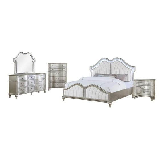 Evangeline 5-piece Upholstered Platform Queen Bedroom Set Ivory and Silver Oak