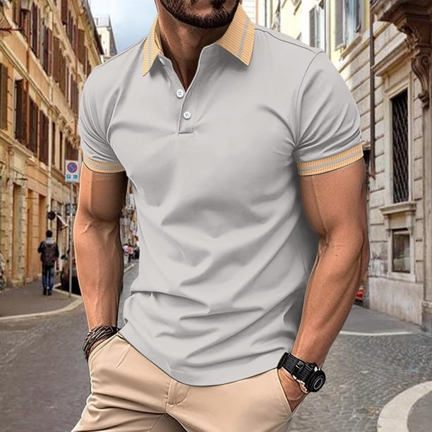 Blusa y camisa de manga corta con cuello vuelto para hombre, moda de ocio, color sólido, versátil, cuello vuelto, manga corta, abrigo de poliéster para hombre