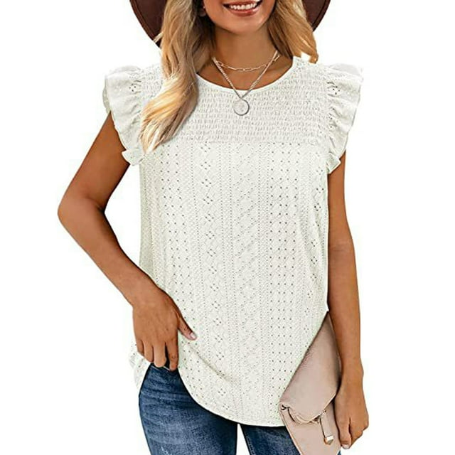 Meichang Débardeurs Brodés à Illets pour Femmes Sans Manches Col Rond Chemises Décontractées Basiques à Volants Mode Blouse Mignonne 2024 Blanc TG