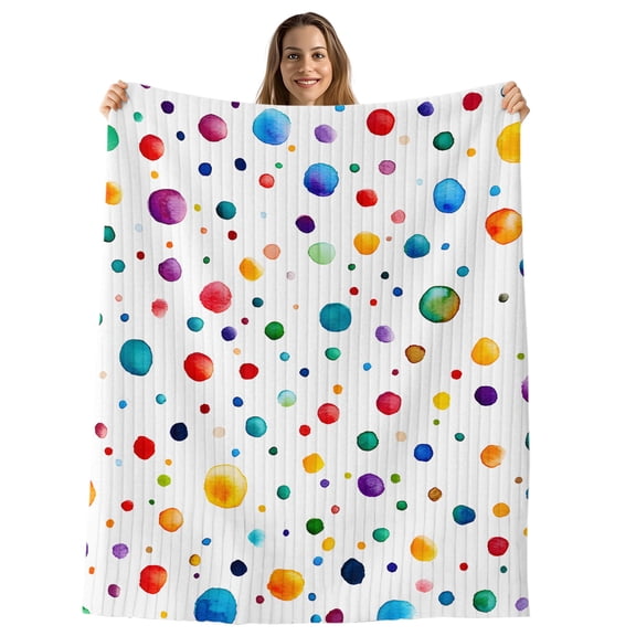 Colorful Polka Dot Throw Blanket, Flannel Fleece Blanket with Striped Design for Couch, Rainbow Color Polka Dots Abstract Soft Breathable All Season Plush Blankets for Sofa Office Travel 40"x50"