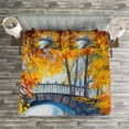 thumbnail image 3 of Ambesonne Art Quilted Bedspread Set 3 Pcs, Autumn Forest with Bridge, King Size, Marigold Vermilion Blue, 3 of 3