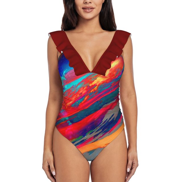 Nebula Deep V-Neck Halter One-Piece Swimsuit Ladies Monokini Beach Bathing Suits Swimwear Nebula Space Colors Colorful Galaxy