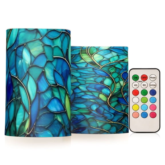 Glass Art Flickering Flameless Candles Battery Operated with Remote Timer LED Pillar Candles Set of 2