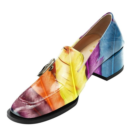 YDN Women Square Toe Strap Buckle Loafers Slip On Block Low Heel Pumps Retro Daily Wear Shoes Size 8.5 Feather