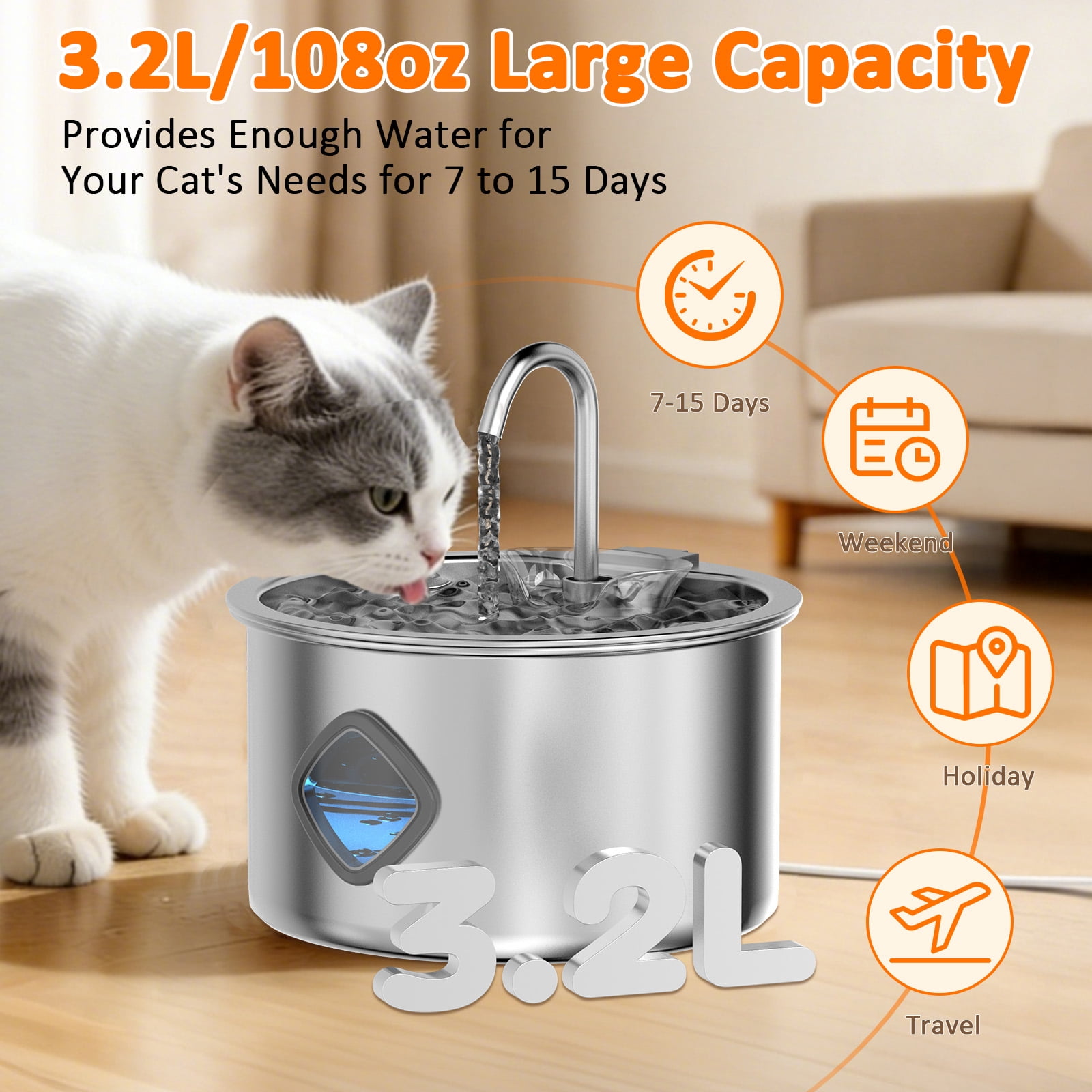 Stainless Steel Cat Water Fountain, 3.2L/108oz Dog Water Bowl Dispenser with Replacement Filters, Automatic Cat Fountains for Drinking for Pets and Small Animals
