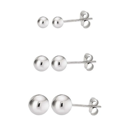 Silver Bell Earrings - Ball Stud Earrings Silver Sterling Polished Round Ball Three Pair Sets for Women Hypoallergenic