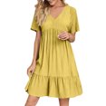 thumbnail image 3 of Summer Solid Dresses for Women 2026 Short Sleeve v Neck Mini T Shirt Dress - Midi Dress Flowy Pleated Beach Sundress - Summer Trendy Vacation Beach Dress Yellow XL, 3 of 8