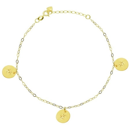 American Designs 14kt Yellow Gold Diamond-Cut Round Disk Charm Dangle Bracelet 7-8 Chain Adjustable