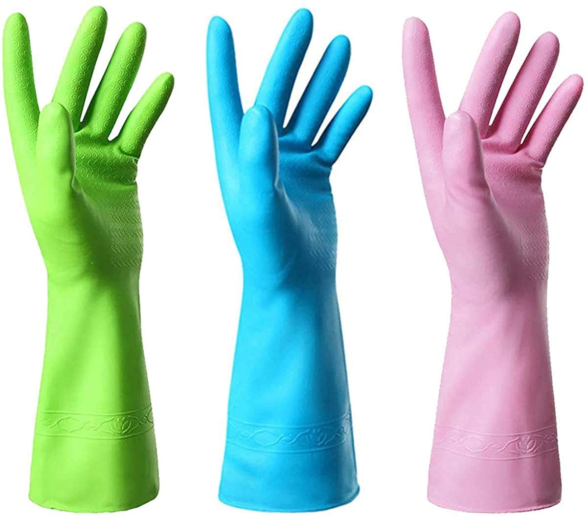 Solid Bright Colours ACMEDE 3 Pairs Waterproof Kitchen Cleaning PVC Rubber Gloves Plus Velvet for Dish Washing Laundry Cleaning 