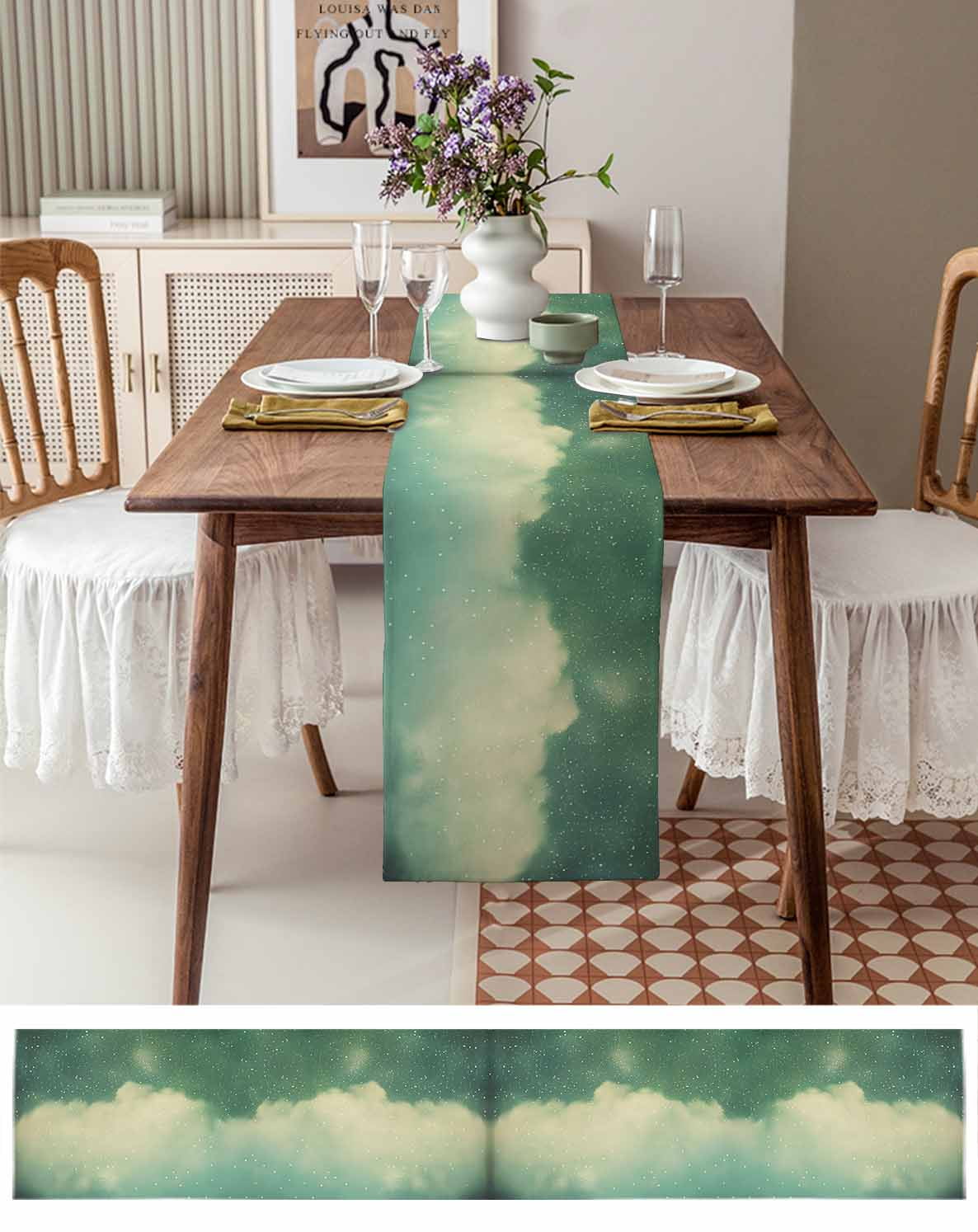 Green Starry Sky Burlap Cotton Table Runner 13x36 Inches Short, Modern  Abstract Clouds Night Scenery Farmhouse Table Runners, Outdoor Dining  Tablecloths Decor for Baby Shower/Party/Wedding - Walmart.com, image size:1186x1494
