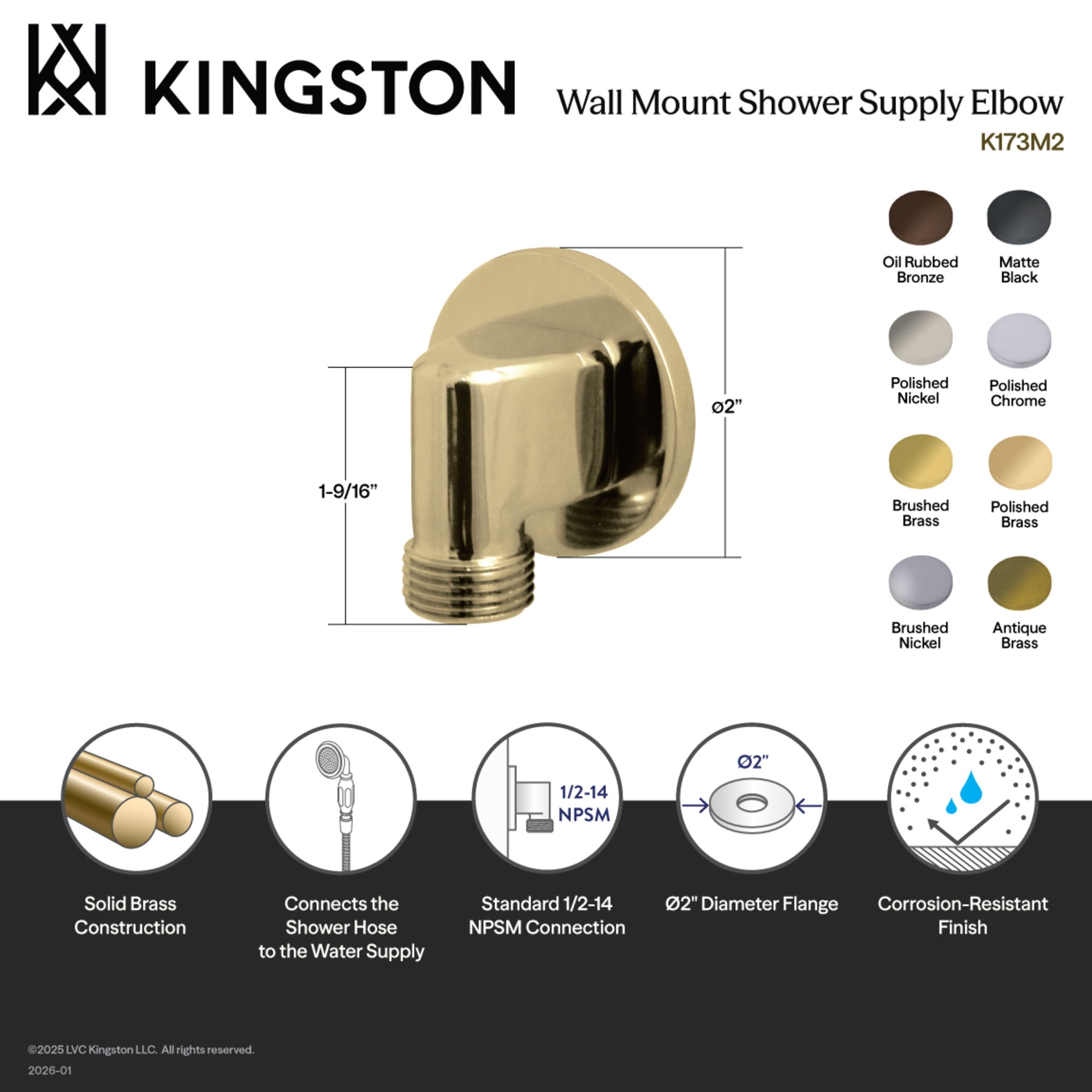 Kingston Brass K173M7 Trimscape Wall Mount Supply Elbow in Brushed Brass