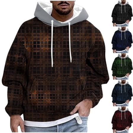 Men s Plaid Hooded Sweatshirt Warm Fleece Lined Pullover 2026 Fall Fashion Streetwear Hoodie with Kangaroo Pocket for Casual Daily Wear Brown XXXL