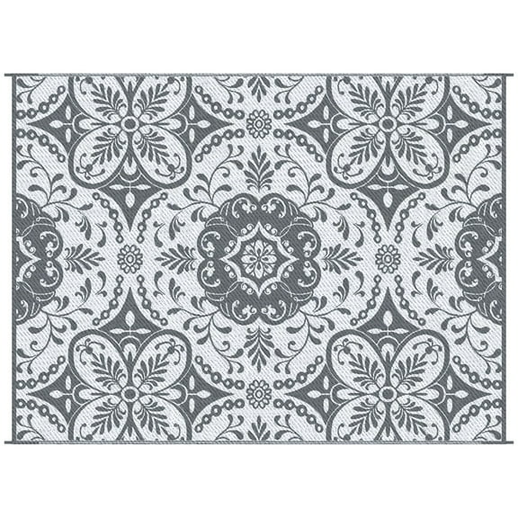 9' x 12' RV Outdoor Rugs / RV Outdoor Carpet with Carrying Bag, Gray & White Floral