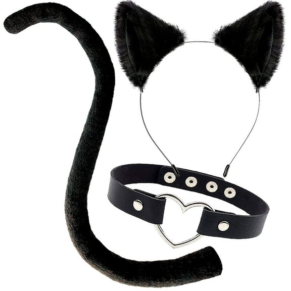 Cat Ears and Tail Costume Accessory Set with Furry Ears Headband, Long Black Tail & Heart Choker