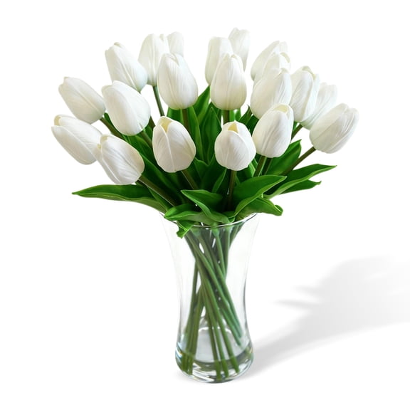 20 Pcs Artificial Real Touch Tulips Flowers in Glass Vase, White Tulip Arrangement with Faux Water for Dining Table Home Decor Wedding Centerpieces