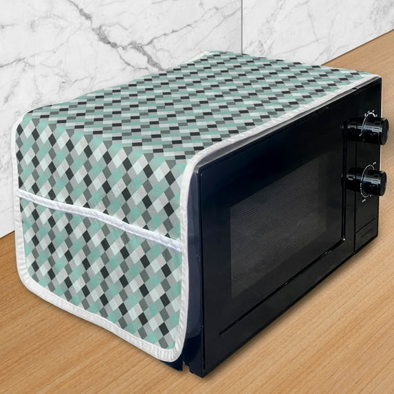 Geometric Microwave Oven Cover, Grey and Green Tones Squares Pattern of Diagonal Order Checkered Ornament, Water Resistant Organizer with Pockets for Kitchen, 36" x 12", Multicolor, by Ambesonne