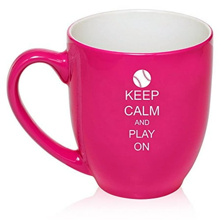 

16 oz Hot Pink Large Bistro Mug Ceramic Coffee Tea Glass Cup Keep Calm and Play On Baseball Softball MIP