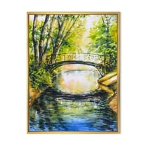 Designart 'Forest Park With Bridge Over Troubled Water' Lake House Framed Canvas Wall Art Print