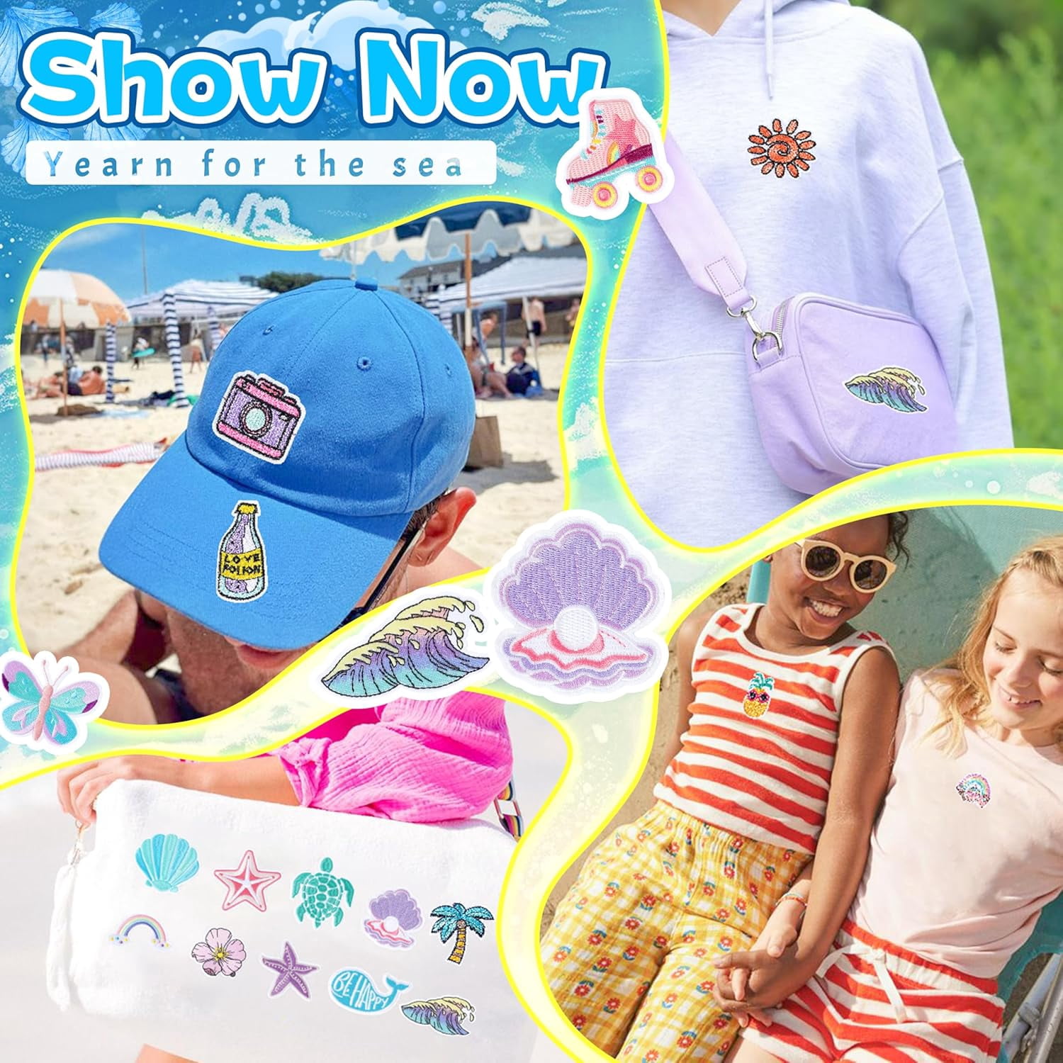 Summer Iron on Patches for Trucker Hats: 36pcs Cute Sea Beach Embroideried Patches Aesthetic Sew on for DIY Fabric - Kawaii Repair Patch for Clothing Jackets Jeans Shoes Backpacks Decor