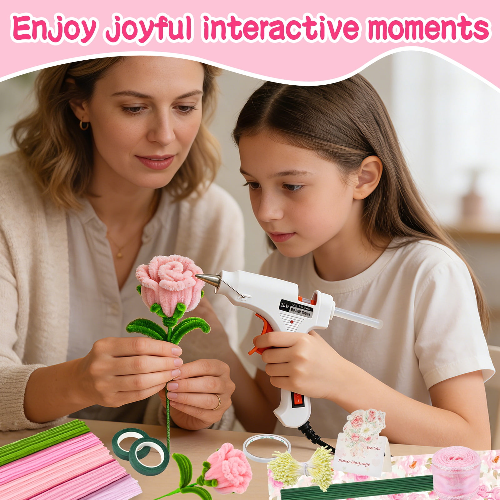 Natonhi 500 Pcs Thick Pipe Cleaners for DIY Flowers & Crafts – 5 Colors Chenille Stems with Glue Guns & Tape Measure – Perfect for Family Fun & Creativity, Holiday & Room Decorations