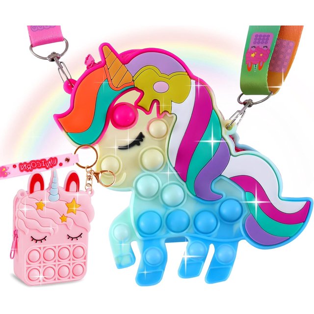 Aucma Paquete de 2 bolsos para niñas, juguetes, regalo, nube arcoíris, unicornio rosa, bolso cruzado, bolso para niños 3 4 5 6 7 8 9 10 11 12 años Cumpleaños San Valentín Calcetín navideño Cesta de Pa