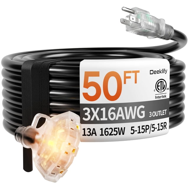 Cable de extensión Deeklify de 15,2 m con 3 tomas, resistente al agua, SJTW