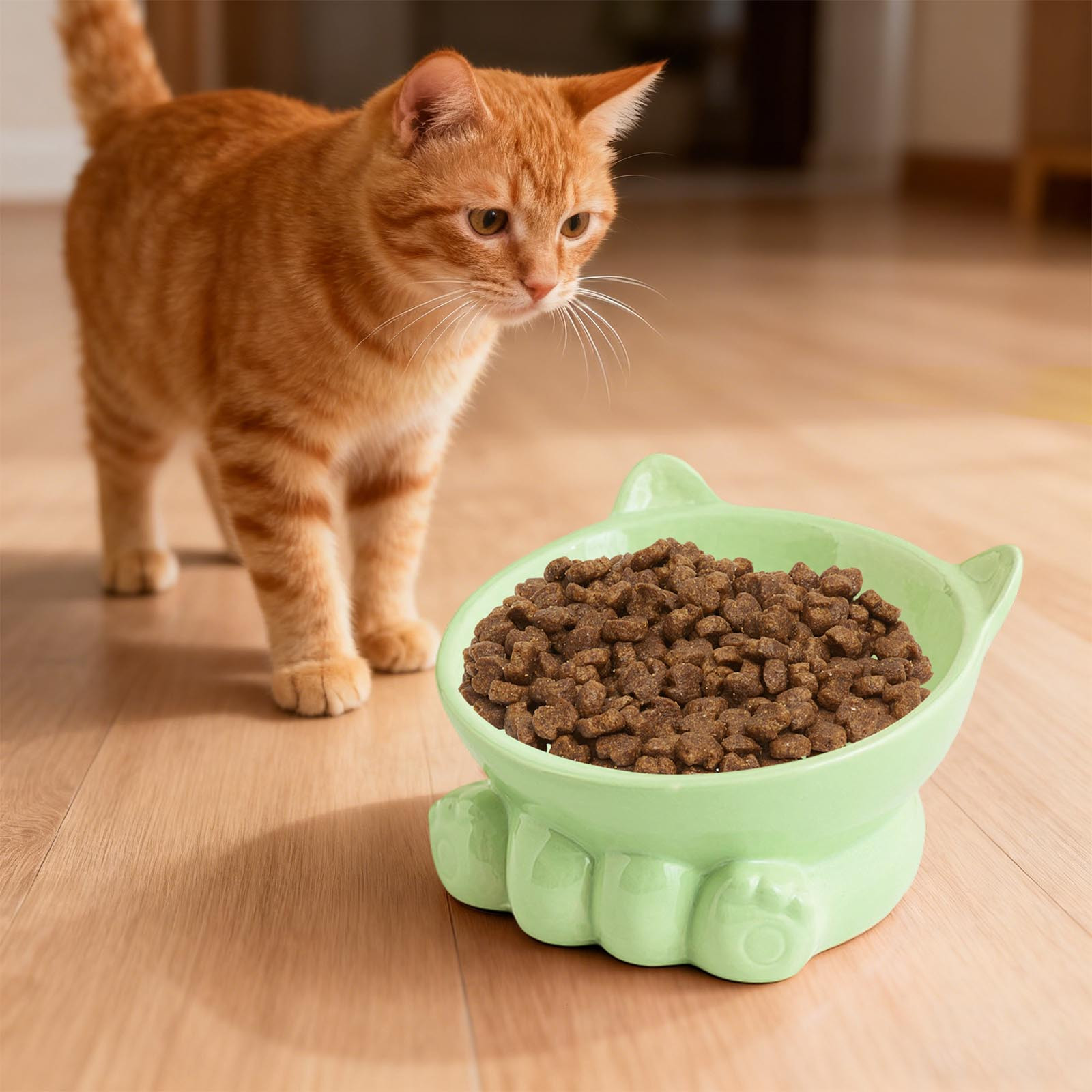 Cute Anti-Choke Cat Bowl with Cervical Spine Protection, Non-Spill and Non-Tip Design, Prevents Black Chin, Ceramic Material