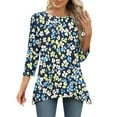 thumbnail image 4 of CYMMPU Spring Tops Round Neck Summer Fashion Shirts 3/4 Sleeve Loose Fit Blouses for Women Dressy Casual Flower Pattern Tunic Tops Flare Hem Hide Belly Tops to Wear with Leggings T-Shirts Blue S, 4 of 7