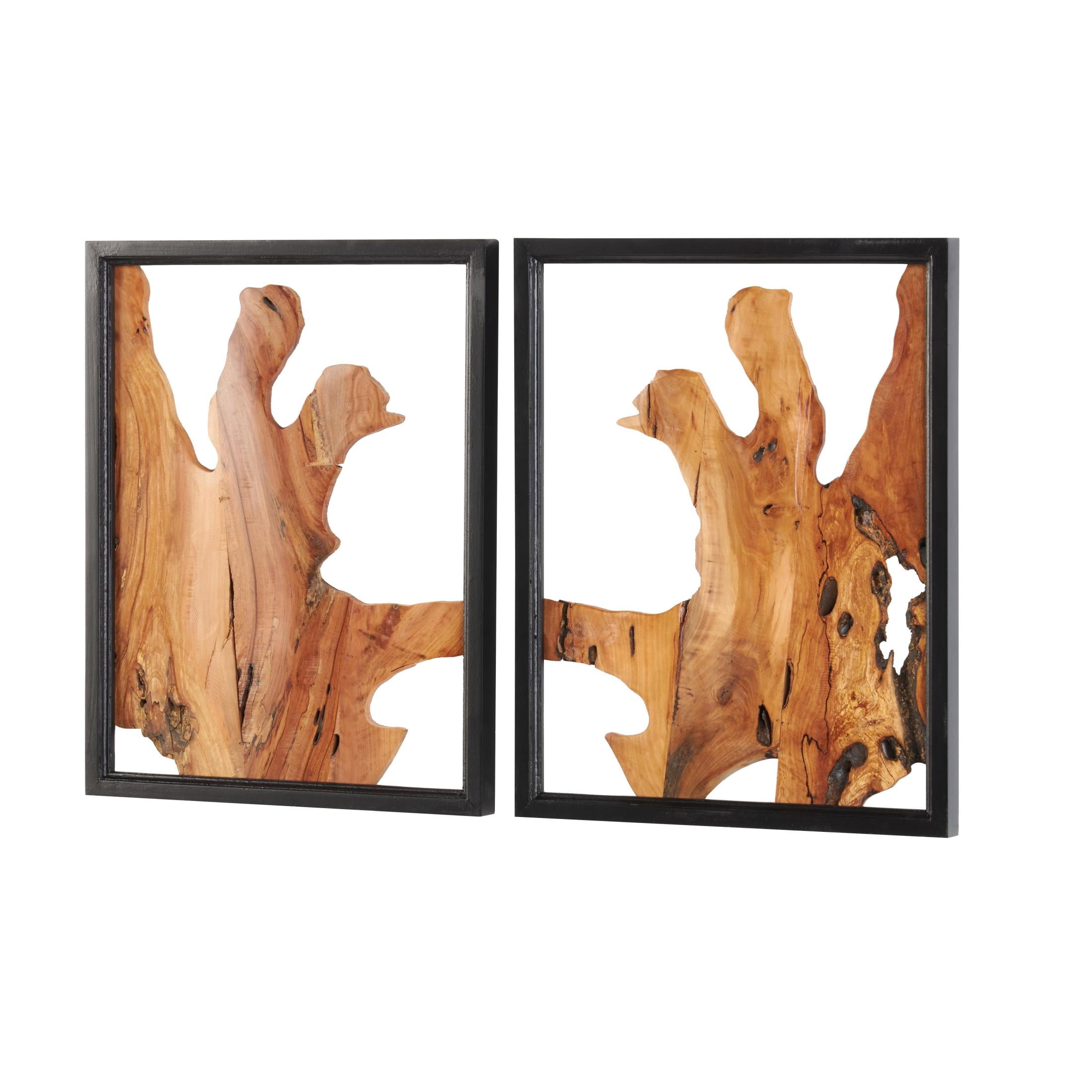 DecMode Brown Wood Handmade Live Edge Abstract Wall Decor with Black Frames (2 Count)