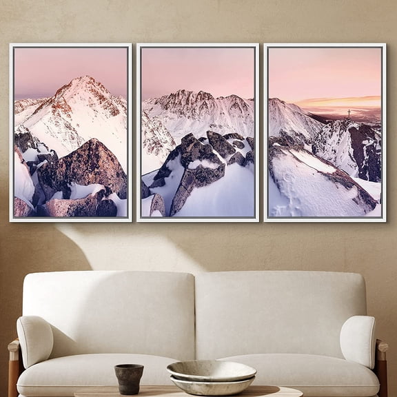 PixonSign Framed Wall Art Print Set Pink Sunset Snowy Mountains Nature Wilderness Photography Realism Rustic Scenic Relax/Calm Multicolor Ultra for Living Room, Bedroom, Office - 16"x24"x3 White