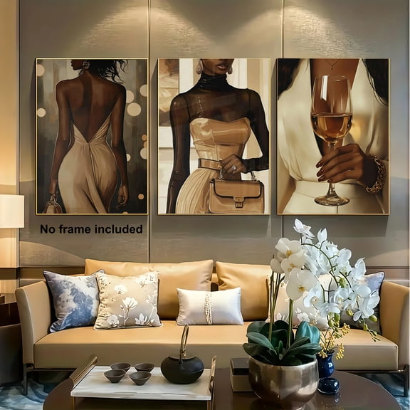 3pcs Set Elegant African American Women Canvas Wall Art Prints - Modern Bohemian Minimalist Black & White Female Portraits, Golden Accent Neutral Tones, Frameless Poster Set for Living Room Decor, B