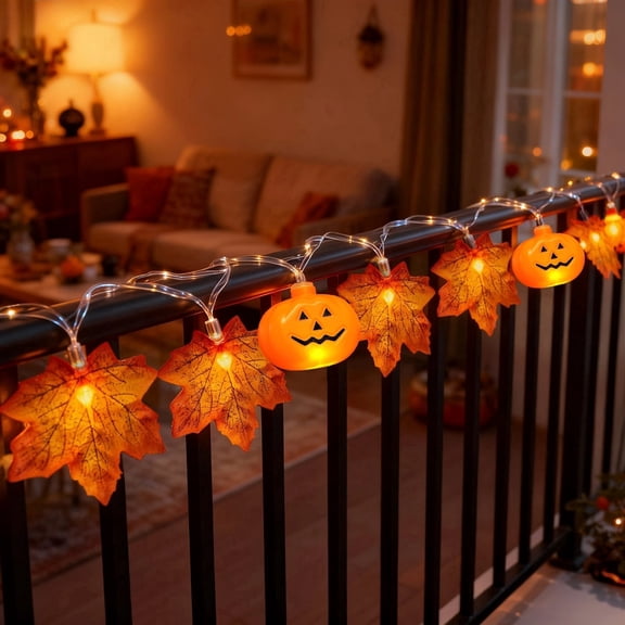 9.8 ft / 3 m Halloween Pumpkin Maple Leaf String Lights, 20 LED Warm Orange Fall Decor, Thanksgiving Harvest Lights, for Spooky Season, Parties, Indoor/Outdoor