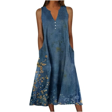 Vetsdori Floral Print Midi Dresses for Women Sleeveless Sundress Slip Dress Tank Beach,Plus Size Summer Womens Dress V-Neck