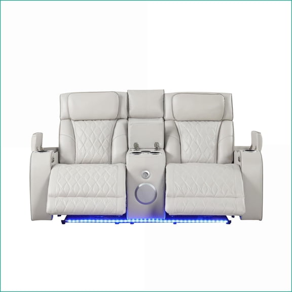 Recliner Loveseat, Modern Style with Power Recline, Massage, LED Lights, Bluetooth Console | Beige | Faux Leather