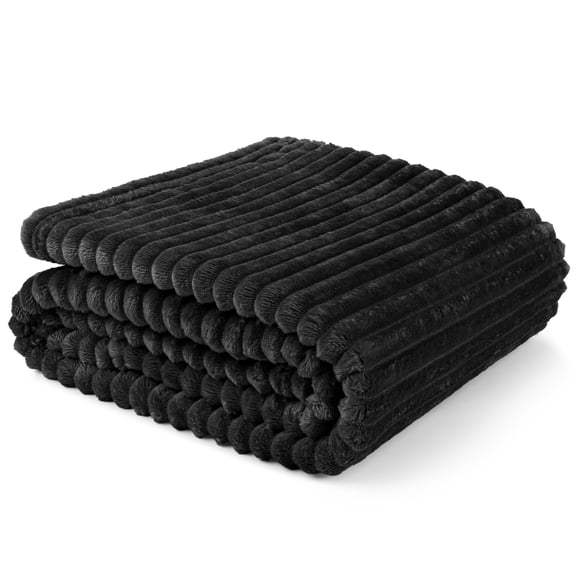 PAVILIA Super Soft Fleece Throw Blanket Twin Black, Fuzzy Plush Flannel Throw, Warm Cozy Ribbed Microfiber Blanket for Sofa Couch Bed, Lightweight Striped Blanket, Black, 60x80