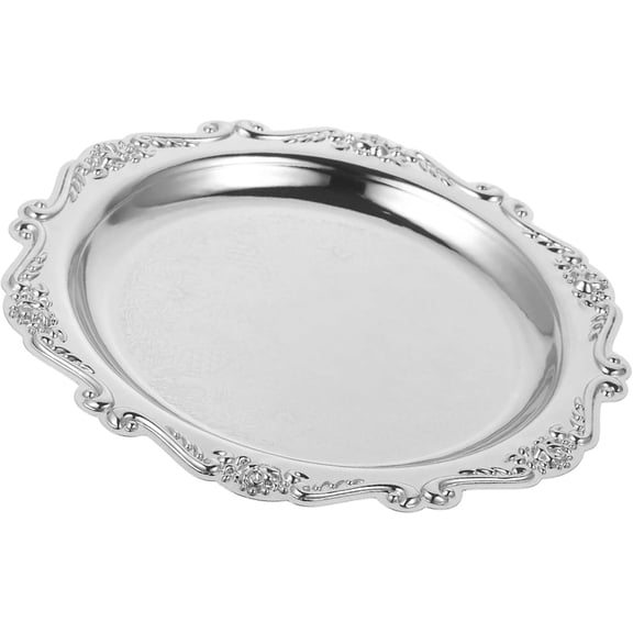7.87-Inch Vintage Metal Serving Tray Round, Decorative Silver Platter for Coffee Table, Embossed Iron Ottoman Dish for Jewelry Storage, Small Dessert Tray for Kitchen Home