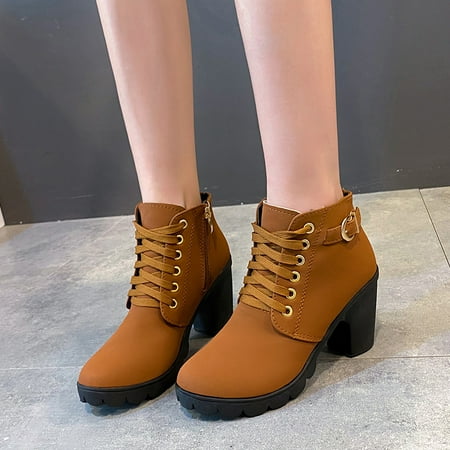 

Women‘s Block Heel Ankle Metal Buckle Short Boots Solid Color Non Slip Lace Up & Zipper Shoes Women‘s Footwear