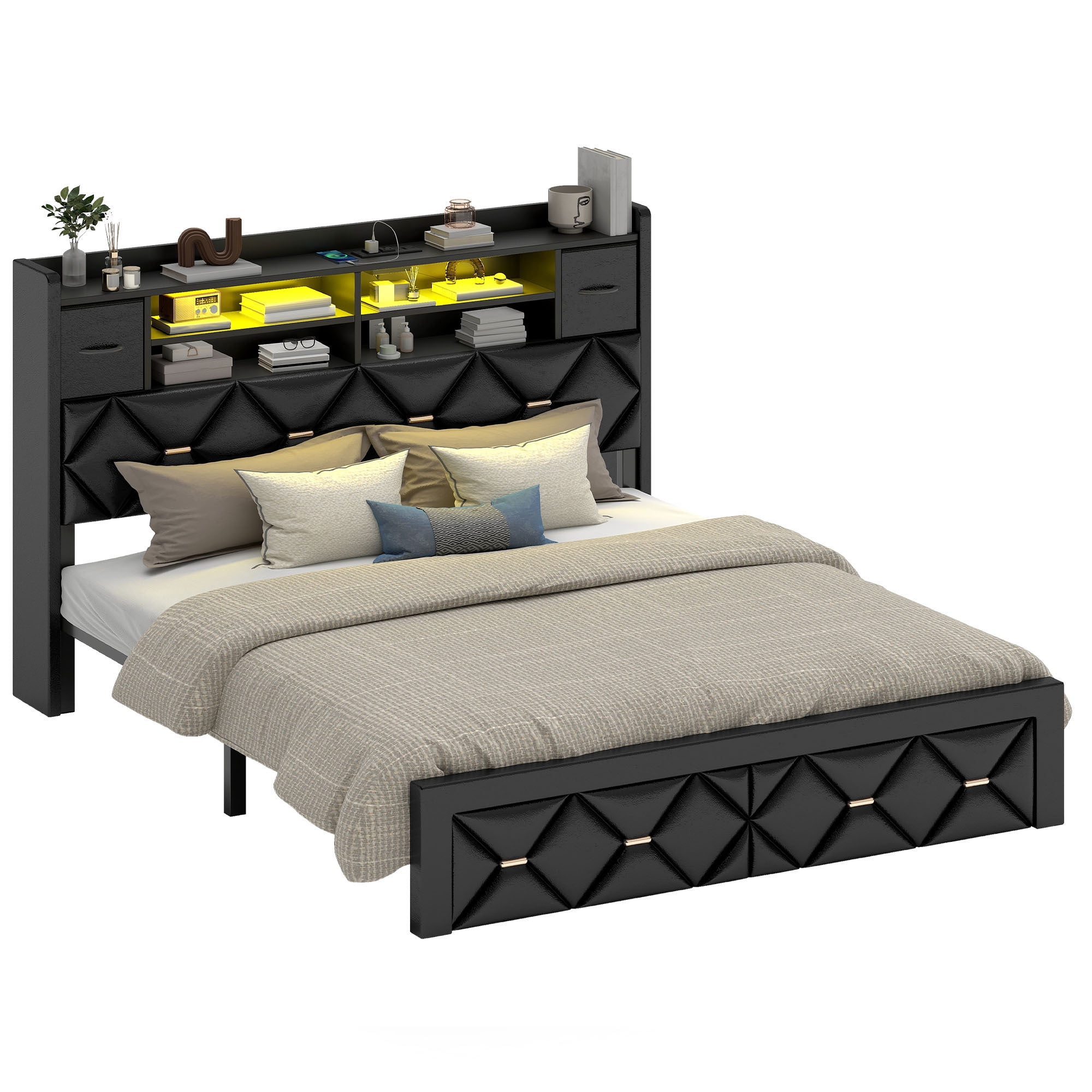 Uforic Queen Size Bed Frame with Storage & Power Outlets, PU Leather Bed Frame with LED Lights, Black