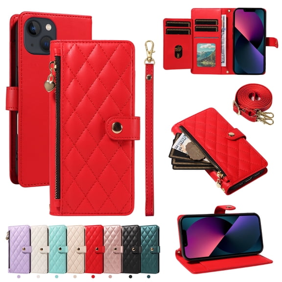 For iPhone 15 Wallet Case: with RFID Blocking Card Slots [5 Cards 1 Cash Slot 1 Zipper Pocket | Soft PU Leather Magnetic Snap | Crossbody & Wrist Strap Protective Phone Cover,Red