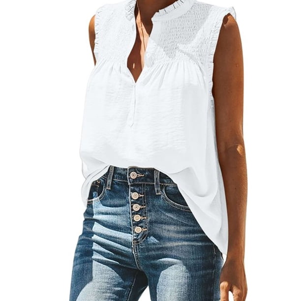 Luxtrada - Camiseta sin mangas para mujer, estilo informal, elegante, con fruncido, holgada, con botones, cuello alto, color liso, con volantes, talla grande, blusa de verano (blanco, XL)