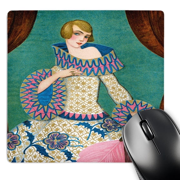 3dRose, Vintage Woman in Flowered Dress Holding a Pink Feather Fan on a Teal Background, MousePad