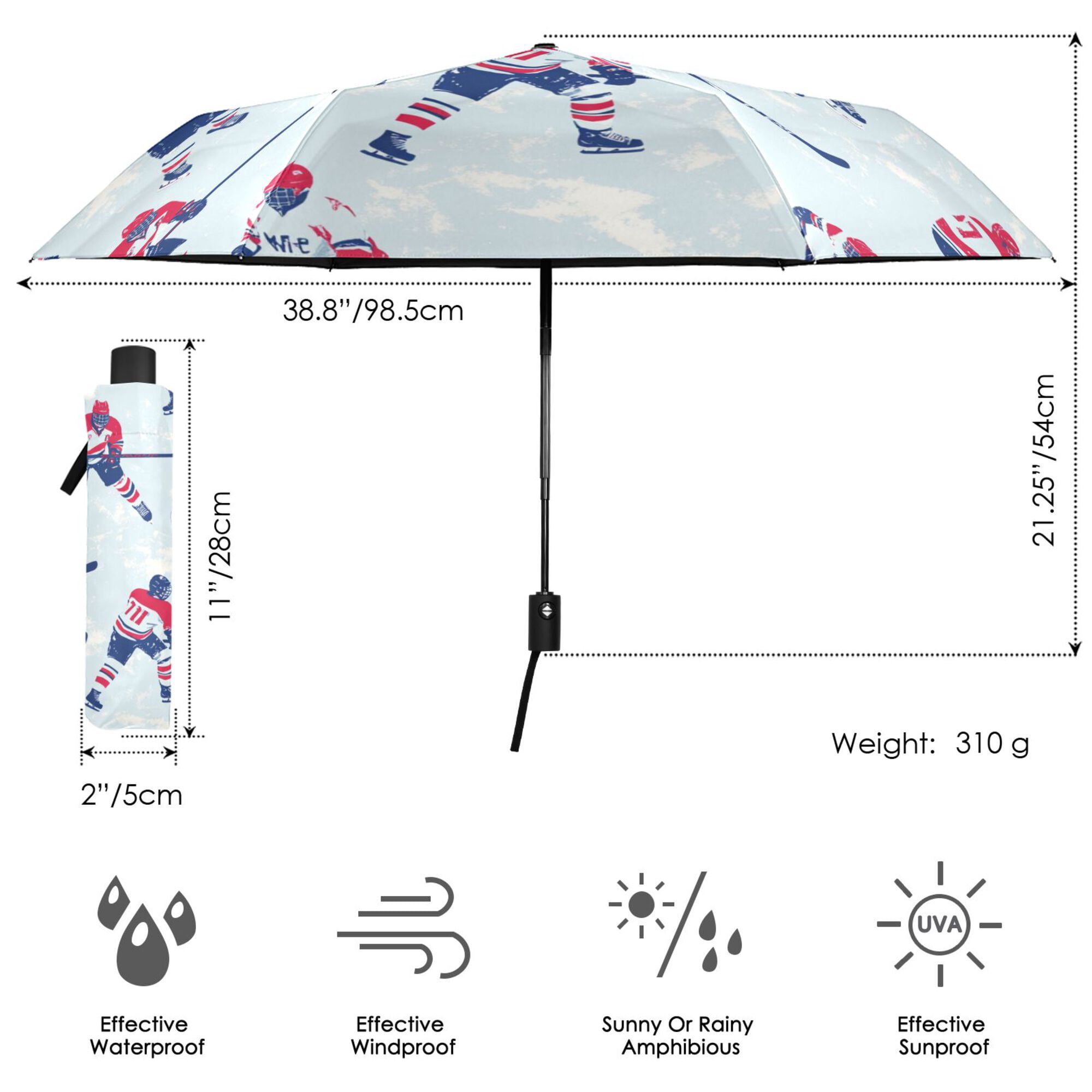 FORMRS Travel Umbrella Folding Auto Open Close Windproof Rain UV Protection, Blue Ice Hockey