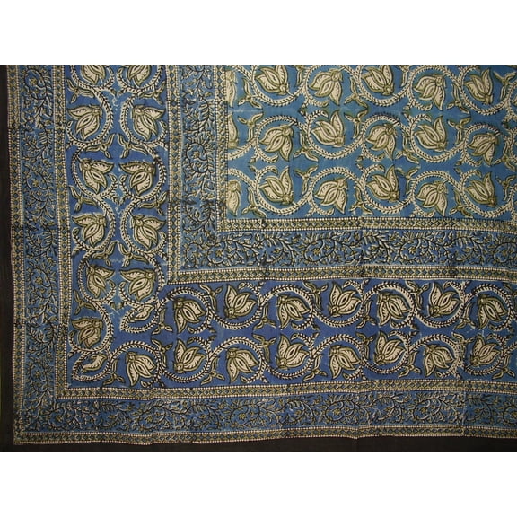 Dabu Hand Block Printed Floral Cotton Tablecloth 86" x 60" Blue