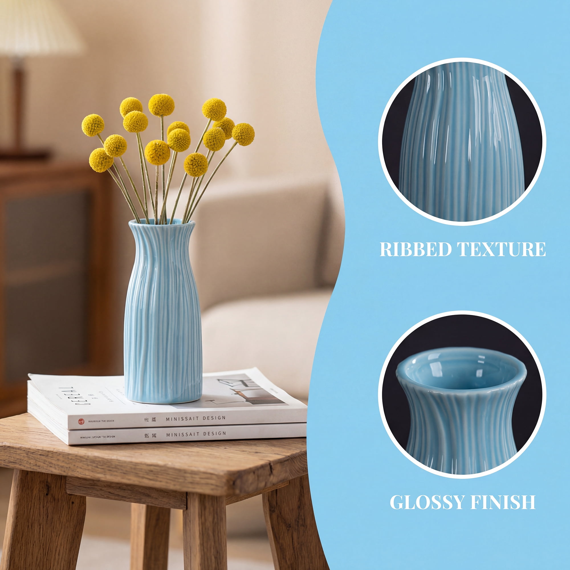 Unique Bargains Modern Cylinder Matte Ribbed Flower Vase Blue 2.4"L x 2.4"W x 5.1"H