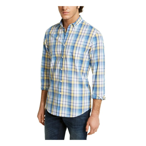 Club Room - CLUBROOM Mens Yellow Easy Care Plaid Long Sleeve Collared ...