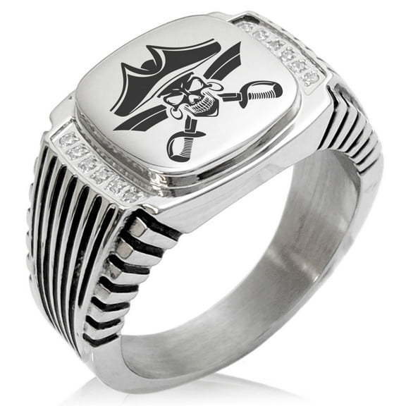 Stainless Steel Jolly Roger Skull Pirates Cross Swords CZ Ribbed Needle Stripe Pattern Biker Style Polished Ring